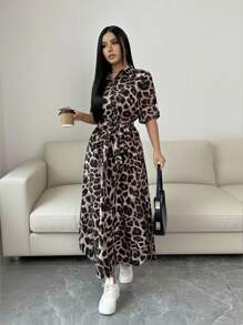 Rafferiza Women's Leopard Floral Print Tie-Up Front Slit Long Sleeve Convertible Shirt Dress Fall Cloth For Women - Black - View 5