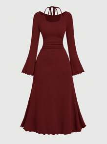 SHEIN Serisse Kids Đầm dài tay cạp trễ màu trơn thời trang thường ngày thanh lịch cho bé gái tuổi teen - Màu Đỏ Sâu - Xem 9