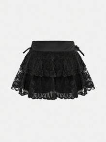 SHEIN Girlism 青少年女孩街头休闲黑色纯色抽绳腰部褶边针织中长裙 - 黑色 - 查看 2