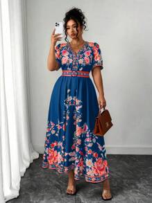 Elenzga Plus Size Women's Fashionable Versatile Thai Maldives Vacation Beach Holiday Bohemian Printed Tie Waist V-Neck Cap Sleeve Dress, Spring Summer - Multicolor - View 4