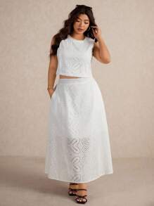 Elaquor Bộ 2 món áo không tay thêu khoét hở dành cho kỳ nghỉ hè cỡ lớn - trắng - Xem 5