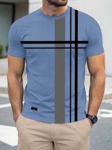 Manfinity Homme Áo thun nam tay ngắn đơn giản họa tiết sọc tương phản xanh lam & xanh lam đơn giản vừa vặn - Màu xanh bụi bặm - Xem 1