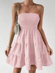 Chiquease Women's Summer Beach Vacation Minimalist Solid Color Textured Fabric Tiered Hem Strapless Short Dress