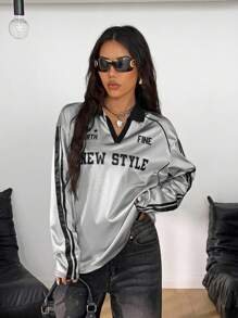 Coolane Women's Fall/Winter/All-Season Streetwear Going Out Back To School Graphics Sparkly Baseball Jersey V-Neck Polo Long Sleeve T-Shirt