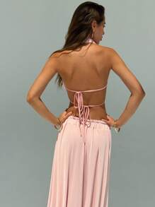 Aloruh Váy hở lưng khoét sâu ren màu trơn cho nữ - Hồng - Xem 5