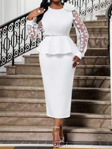 SHEIN Lady Spring And Summer Autumn And Winter Elegant Party Wedding Cocktail Party Concert/Music Festival White Knitted Embroidery Round Neck Bishop Sleeve 3D Rose Contrast Mesh Midi Long Sleeve Plus Size Co-Ords Summer Outfits For Women Birthday Outfits For Women Women Summer Clothes Concert Outfit Women Party Dresses For Women Summer Clothes Women Cruise Women Outfits Fall Women Clothes White Set Concert Outfits Festival Outfits