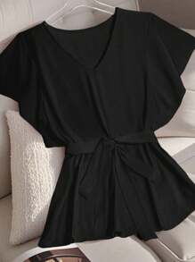 Franclia 优雅通勤纯色荷叶边衬衫，适合大学穿着 - 黑色 - 查看 3