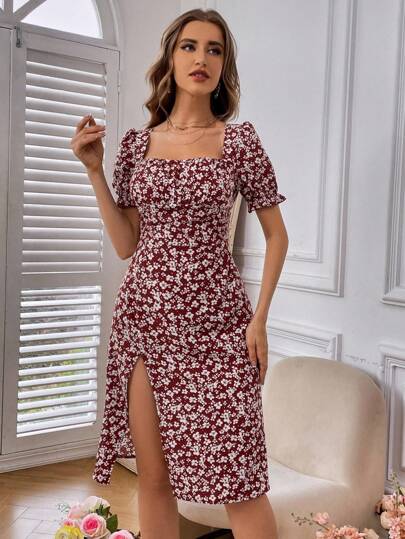 Breezaya Vestido de manga corta con cuello cuadrado, de estampado aleatorio, para uso diario y vacaciones en la playa