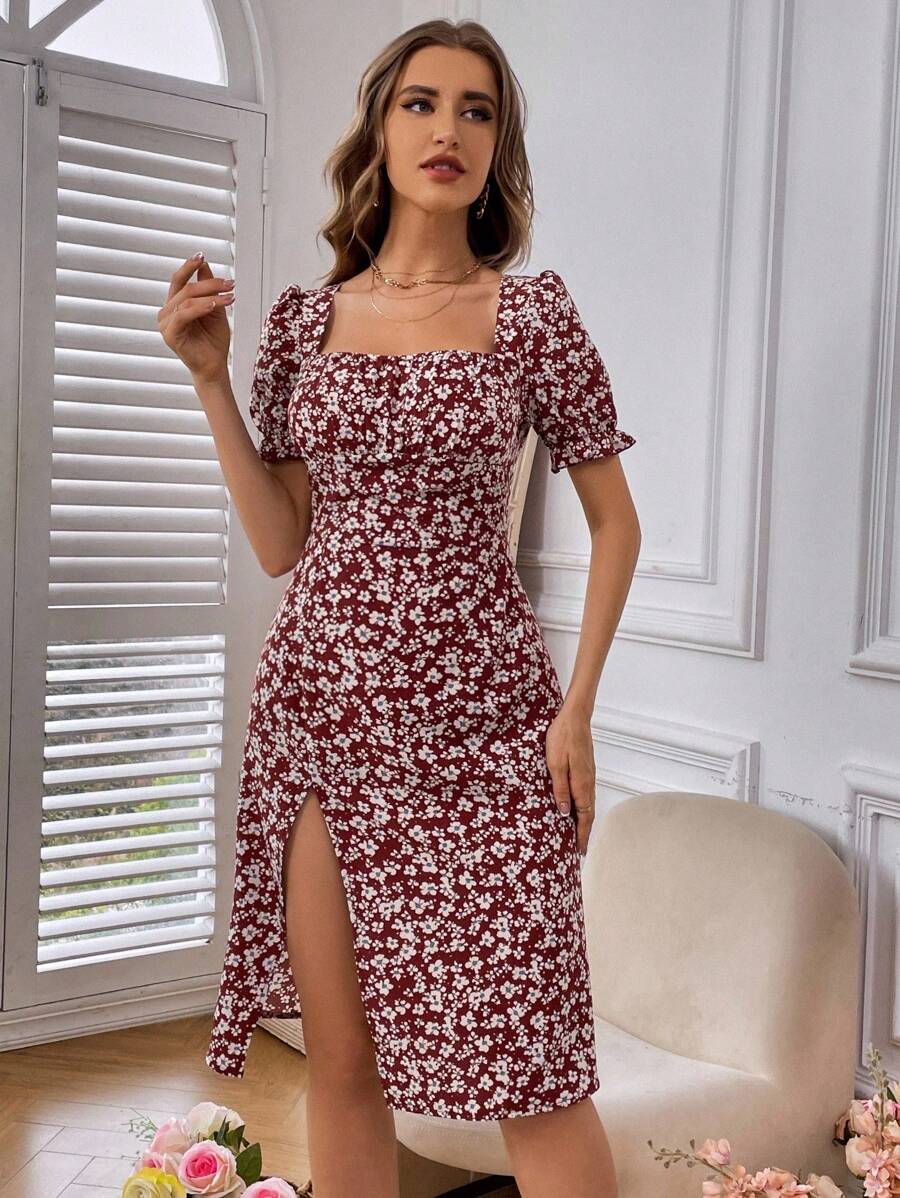 Breezaya Đầm cổ vuông tay ngắn in họa tiết ngẫu nhiên đơn giản hàng ngày cho nữ đi nghỉ ở bãi biển - Đỏ - Xem 1