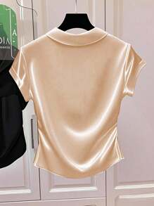 Franclia Áo thun trơn satin bóng màu trơn đơn giản dành cho nữ mặc đi học đại học - Rượu sâm banh - Xem 2