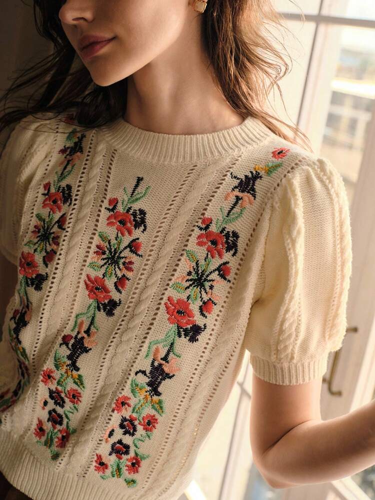 EMBROIDERY FLORAL PATTERN PUFF SHORT SLEEVE CABLE KNIT TOP KNIT PULLOVER FALL WINTER