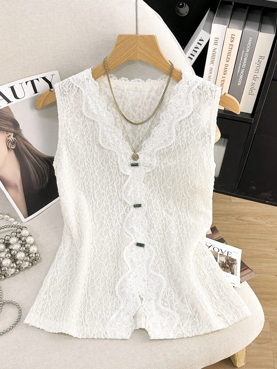 Franclia Women's Sleeveless V-Neck Lace Patchwork Textured Elegant Tank Top Clothes For University