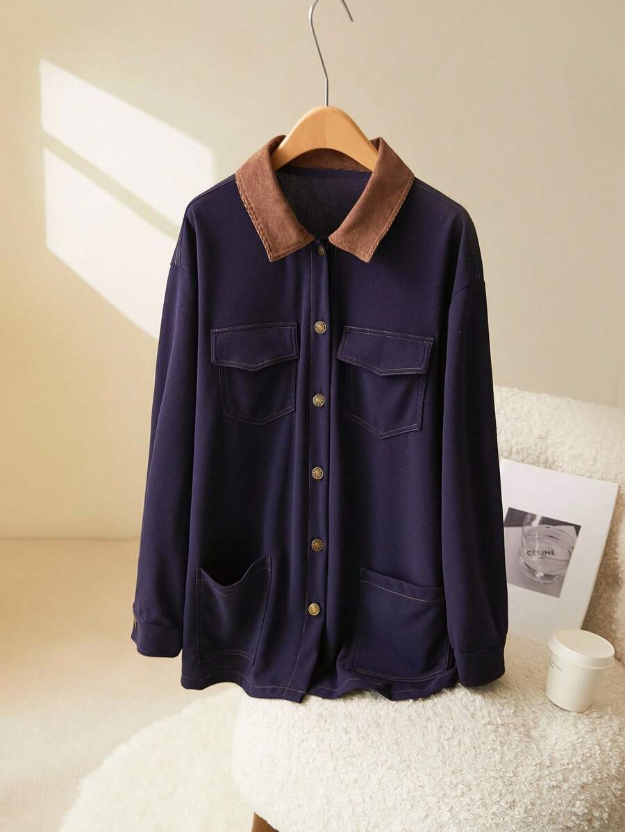 CosyJoli Plus Size Casual Corduroy Contrast Collar Patchwork Topstitch Utility Pocket Boxy Jacket Winter Fall Autumn Fall/Winter - Navy Blue - View 1
