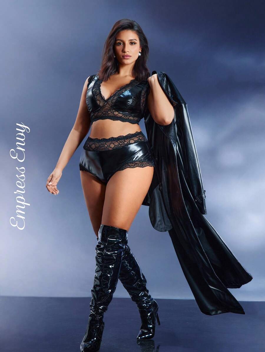 Empress Envy 2pcs Set Lace Patchwork PU Leather High-Waisted Panty, Strong Wrapping, Deep V-Neck, Wide Strap, Sexy Club Outfit, Party, Punk Style, Plus Size, Rave