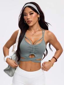 SHEIN Sovereign Charm 女士纯色交叉镂空运动文胸 - 軍綠色 - 查看 1