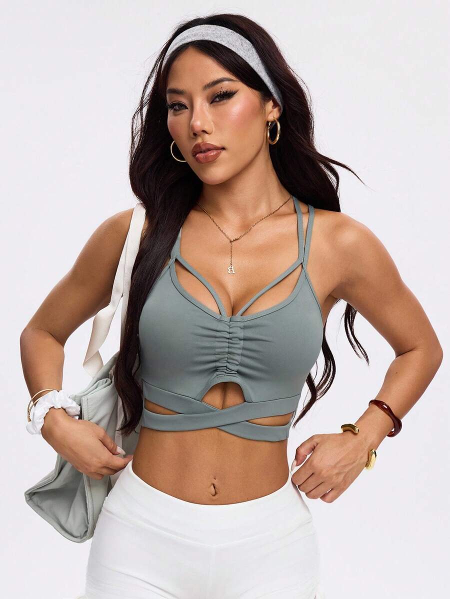 SHEIN Sovereign Charm 女士纯色交叉镂空运动文胸 - 軍綠色 - 查看 1