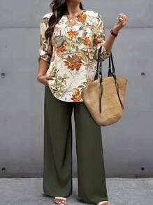 EMERY ROSE Conjunto informal de 2 piezas de camisa con manga de volantes y estampado de plantas + pantalones para mujeres de talla grande - Multicolor - Ver 4