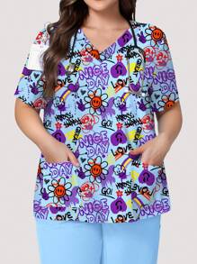 PopScrub Plus Size Women V-Neck Short Sleeve Double Pocket Hang Ear Design Cute Cartoon Graffiti Simple Prosperity Print Nurse Uniform Top/Doctor Work Wear Top/Examination & Surgery Uniform Top/ Solid Color Pet Grooming Work Wear Top/ Nutritionist Work Wear Short Sleeve Top/ Lab Work Wear Top, Multi-Pocket Functional Work Wear Top