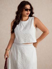 Elaquor Bộ 2 món áo không tay thêu khoét hở dành cho kỳ nghỉ hè cỡ lớn - trắng - Xem 6