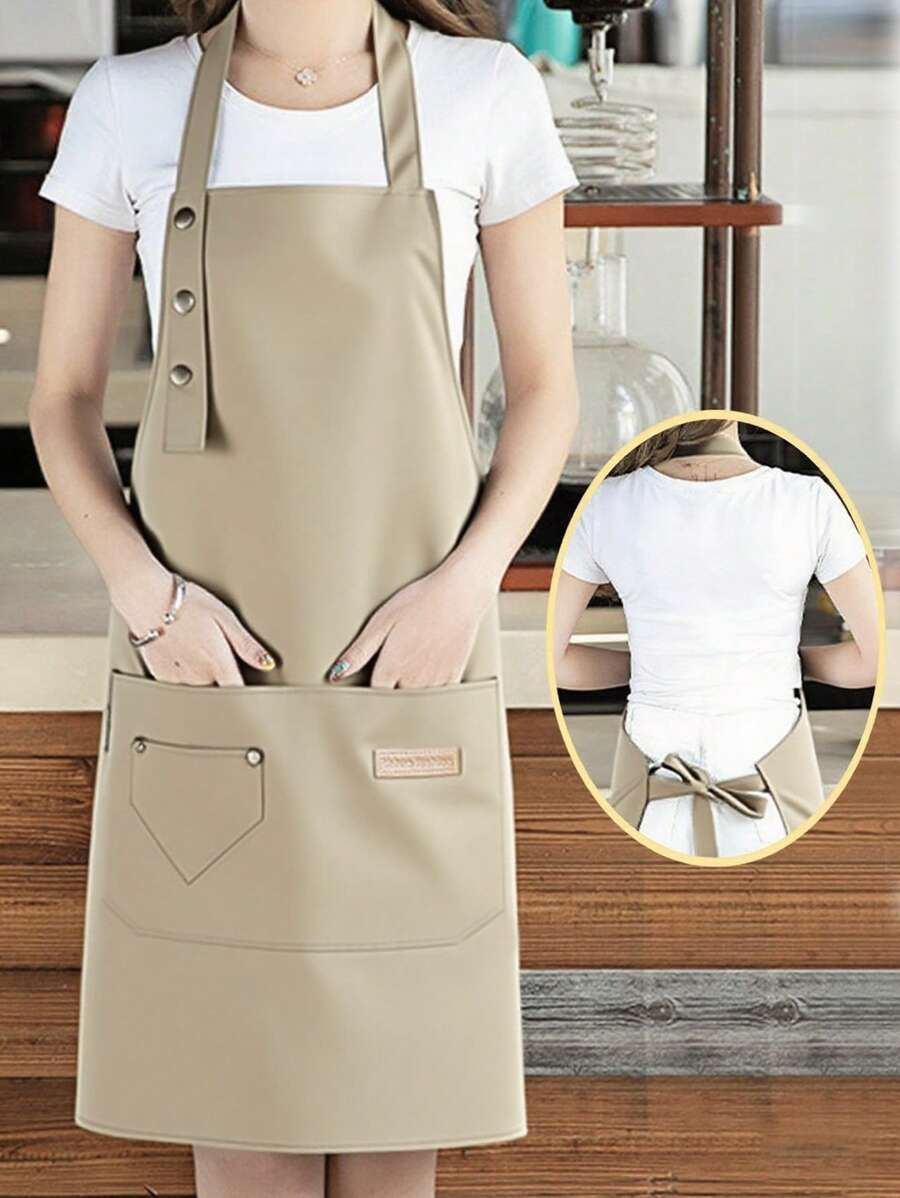 1 件装厨房防水防油围裙，带口袋围裙，涤纶防污厨房围裙，适用于家庭、餐厅、工艺、花园、烧烤、学校、咖啡馆的烹饪围裙，男女通用围裙（卡其色）圣诞节节日礼物 - 卡其色 - 查看 1