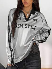 Coolane Women's Fall/Winter/All-Season Streetwear Going Out Back To School Graphics Sparkly Baseball Jersey V-Neck Polo Long Sleeve T-Shirt