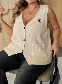 SHEIN CURVE+ Plus Size Casual Everyday Spur Embroidery Button Cardigan Sweater Vest In Fall/Winter
