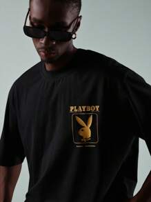 PLAYBOY X SUMWON Áo thun cotton tay ngắn thời trang đường phố cỡ lớn in họa tiết cơ bản tạp chí giải trí biểu tượng logo phong cách retro thiết kế tuyên bố - màu đen - Xem 6