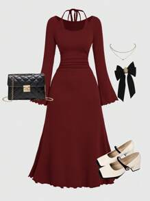 SHEIN Serisse Kids Đầm dài tay cạp trễ màu trơn thời trang thường ngày thanh lịch cho bé gái tuổi teen - Màu Đỏ Sâu - Xem 7