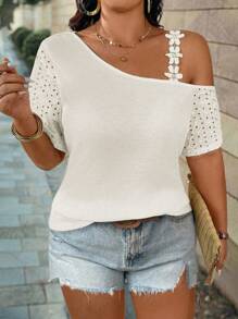 SHEIN LUNE Plus Size Women Lace Patchwork Hollow Sleeve T-Shirt