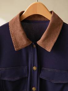 CosyJoli Plus Size Casual Corduroy Contrast Collar Patchwork Topstitch Utility Pocket Boxy Jacket Winter Fall Autumn Fall/Winter - Navy Blue - View 5