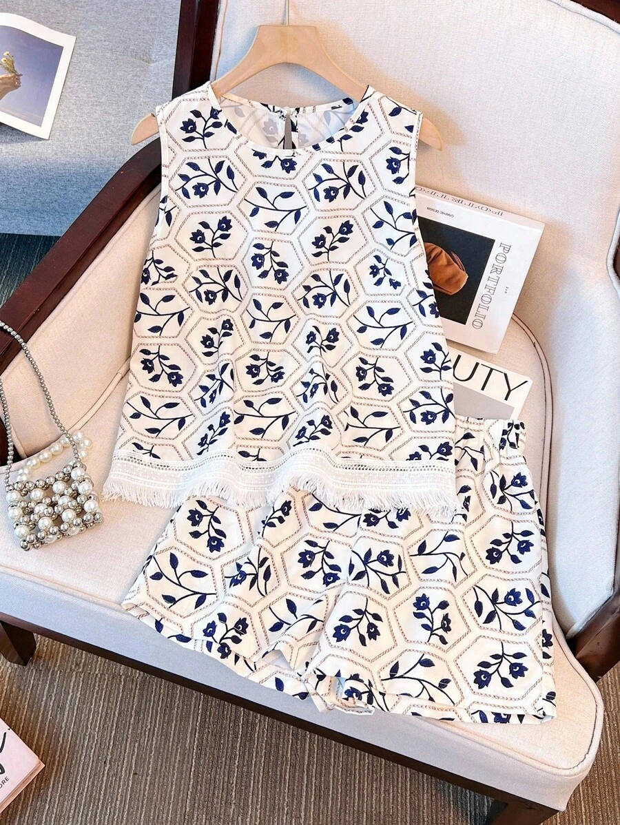 Franclia 2件套 女式夏季休闲印花流苏边吊带背心和短裤 大学校园服装 - 彩色 - 查看 1