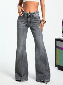 EURMUSE 100%纯棉低腰灰色喇叭牛仔裤 - 深灰色 - 查看 3