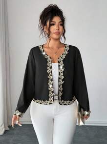 Elenzga Women Plus Size Black Jacket Blazer,Gold Lace Trim,Elegant Formal Evening,Autumn Long Sleeve Round Neck,Work Business Casual Party Fashion Events - Black - View 3