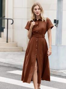 BizChic Vestido de largo medio, cuello de camisa, apertura frontal, botones de un solo pecho, cinturón de cintura ajustable de la misma tela, manga corta, elegante minimalista casual, vacaciones, fiesta, cita, invitada a boda, Día de la Independencia, temporada de graduación, festival de música, estilizante, versátil, de alta gama, reunión social de verano, salida - Café integral - Ver 5