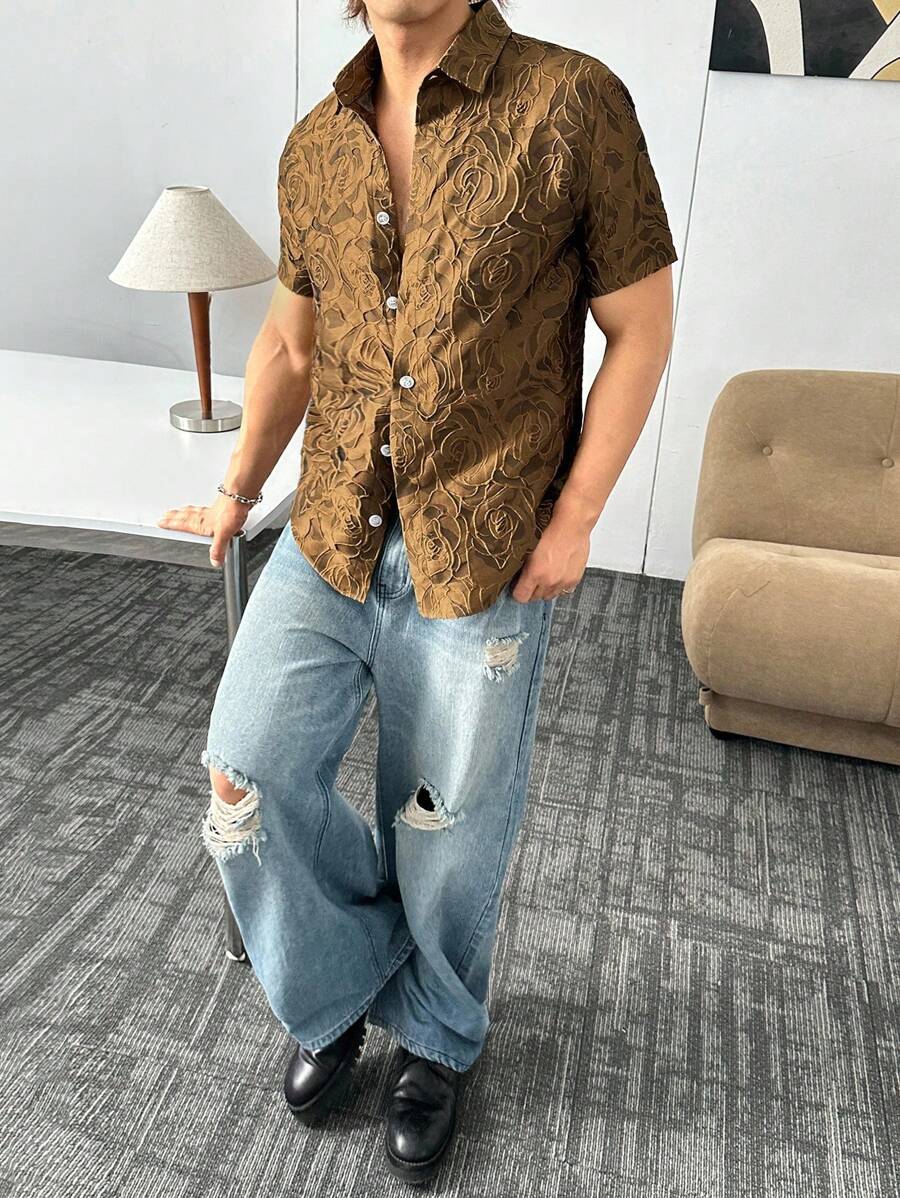 ESTAVOR Áo sơ mi nam tay ngắn dệt thời trang đường phố, phù hợp cho mùa hè - Màu vàng - Xem 1