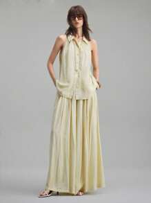 Ontre Conjunto de 2 piezas de ropa de estilo vacacional para mujer con tela de lana y lyocell, color mostaza, blusa sin mangas y pantalón de pierna ancha, nuevo conjunto de ropa de trabajo casual diaria para primavera/verano 2025