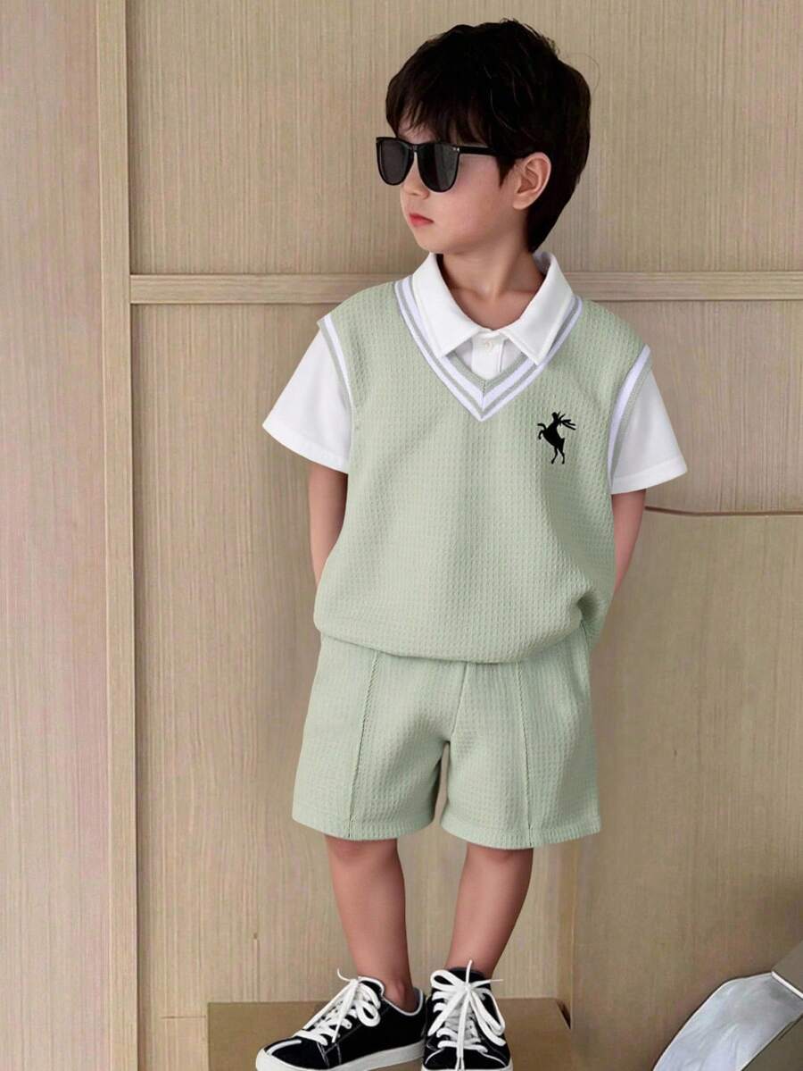SHEIN 3件套男童舒适日常百搭休闲时尚学院风撞色拼接藏蓝色背心短裤搭配白色针织polo衫，多件套设计，适合春夏季节、日常生活、运动、校园活动、聚会、节日庆典、演出、摄影、返校季等场合。绿色 - 薄荷綠 - 查看 1