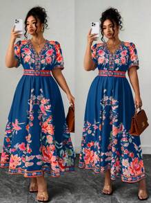 Elenzga Plus Size Women's Fashionable Versatile Thai Maldives Vacation Beach Holiday Bohemian Printed Tie Waist V-Neck Cap Sleeve Dress, Spring Summer - Multicolor - View 3