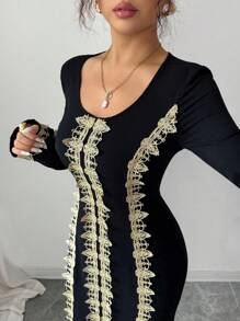 Elenzga Women's Elegant Long Sleeve High-Low Contrast Color Gold Woven Sash Waist Fit & Flare Dress, Flattering And Sophisticated Style For Spring/Summer Fall Cloth For Women - Black - View 2