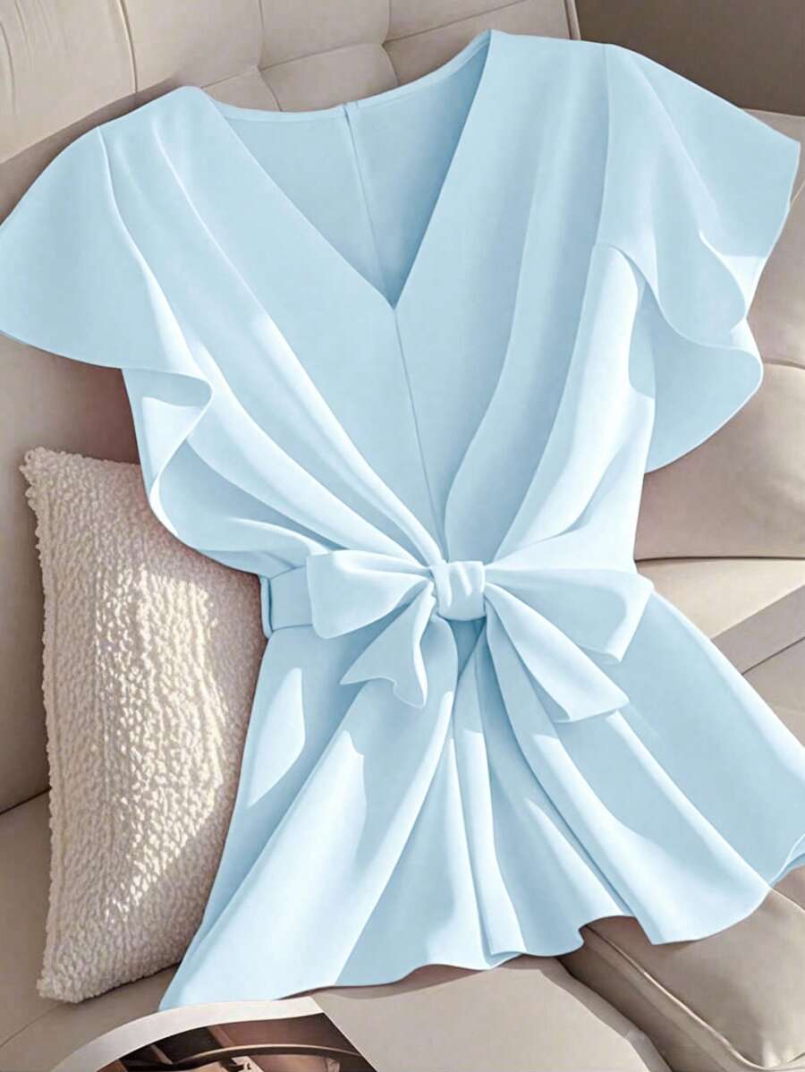 Franclia Blusa de unicolor con volantes elegante para ir a la universidad - Celeste - Ver 1