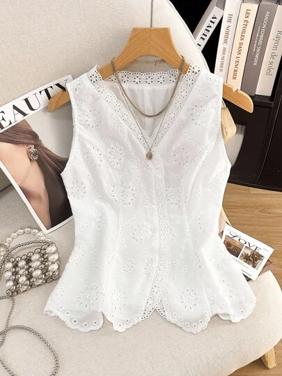 Franclia Women's V-Neck Sleeveless Solid Color Hollow Out Embroidered Splice Shirt All White College Apparel