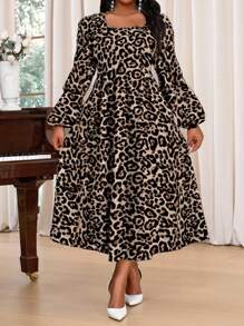 SHEIN Lady Vestidos de talla grande de primavera y verano, elegantes, de oficina y de uso casual, de estilo bohemio con estampado de leopardo de colores, con cuello cuadrado y cuello con volantes, de manga larga.