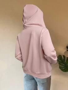 SHEIN EZwear 女式开襟连帽卫衣，藕粉色，拉链开合，秋冬款 - 粉色 - 查看 2