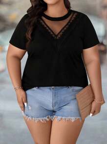 SHEIN CURVE+ Plus Size Round Neck Lace Patchwork Mesh Sleeve T-Shirt