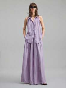 Ontre Bộ trang phục phong cách nghỉ dưỡng 2 món dành cho nữ, vải len và tencel, trang phục công sở thường ngày, phù hợp cho bãi biển, ngày lễ, lễ hội âm nhạc, phong cách Boho - Màu tím - Xem 5