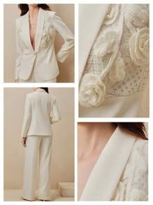 Anewsta 时尚优雅针织 3D 花朵图案女式西装裤和西装外套套装，适合办公室和休闲穿着