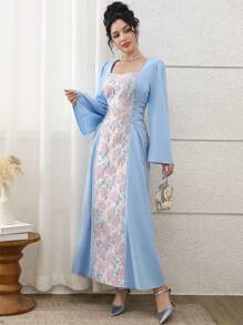 Yasmyna 女式阿拉伯风格提花腰带连衣裙 - 藍色 - 查看 4