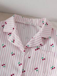 Conjunto de 2 piezas de top de manga corta con estampado de cereza y rayas, y shorts para niña preadolescente, moda de regreso a la escuela - Rosa - Ver 5