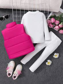 Sparklyn Young Girls Basic Versatile Streetwear White Cropped Padded Vest + Purple Ribbed Crew Neck Long Sleeve T-Shirt + Leggings Sets, Suitable For Winter, Casual, Homewear, Daily Outing, School, Family Gathering, Street, Sports Fall