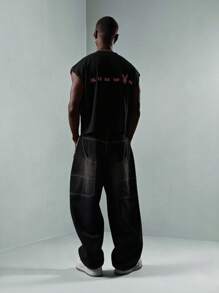 PLAYBOY X SUMWON 夏季节日肌肉背心兔子图案街头潮流都市时尚做旧印花复古风格男士背心 - 黑色 - 查看 4